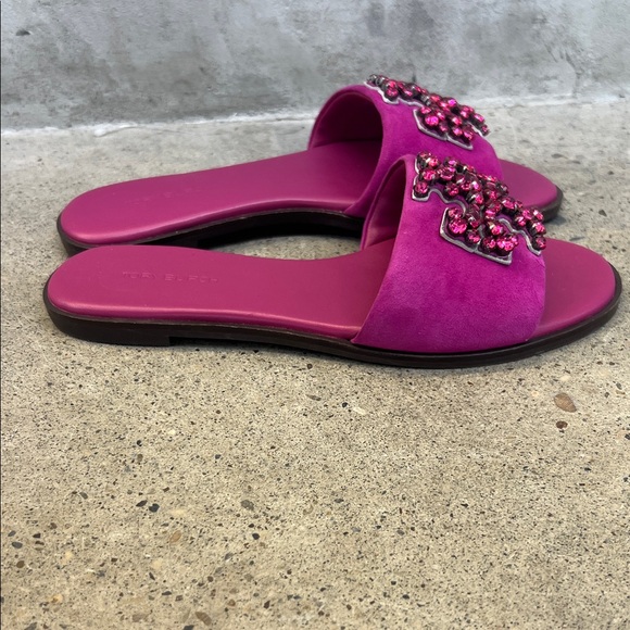 Tory Burch Fuchsia Embellished Slide Sandals - Picture 3 of 6